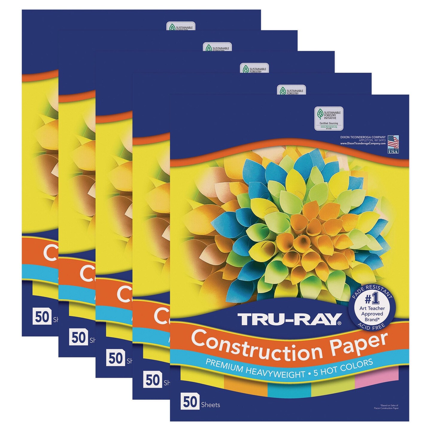 Construction Paper, 5 Assorted Hot Colors, 12&#x22; x 18&#x22;, 50 Sheets Per Pack, 5 Packs
