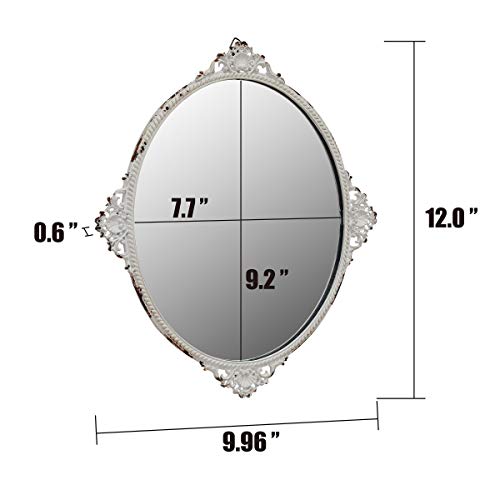 11.7&#x22; x 10&#x22; Oval Antique White Metal Accent Wall Mirror with Attached Hanger, Country Rustic Decor for the Living Room, Bedroom, Bathroom, Hallway, and Entryway