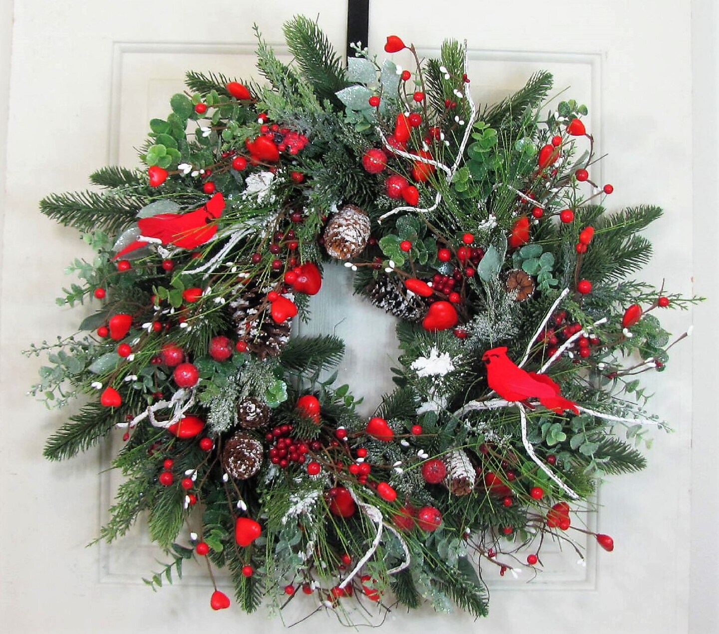 Woodland Winter Christmas Red Heart Berry and Pine Wreath for your Home - Winter Valentine Home or Door Decor - Primitive Country Pip Berry