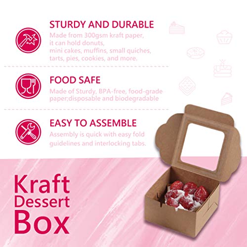 25-Pack Kraft Paper Bakery Boxes -  Single Pastry Box 4-Inch, Packaging with Clear Display Window, Donut, Mini Cake, Pie Slice, Dessert Disposable Take-Out Container, Brown, 4 x 2.3 x 4 Inches