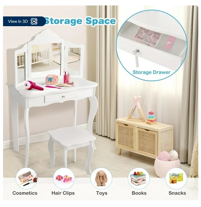 Makeup Dressing Table Kids Stool Mirror Vanity Table Set