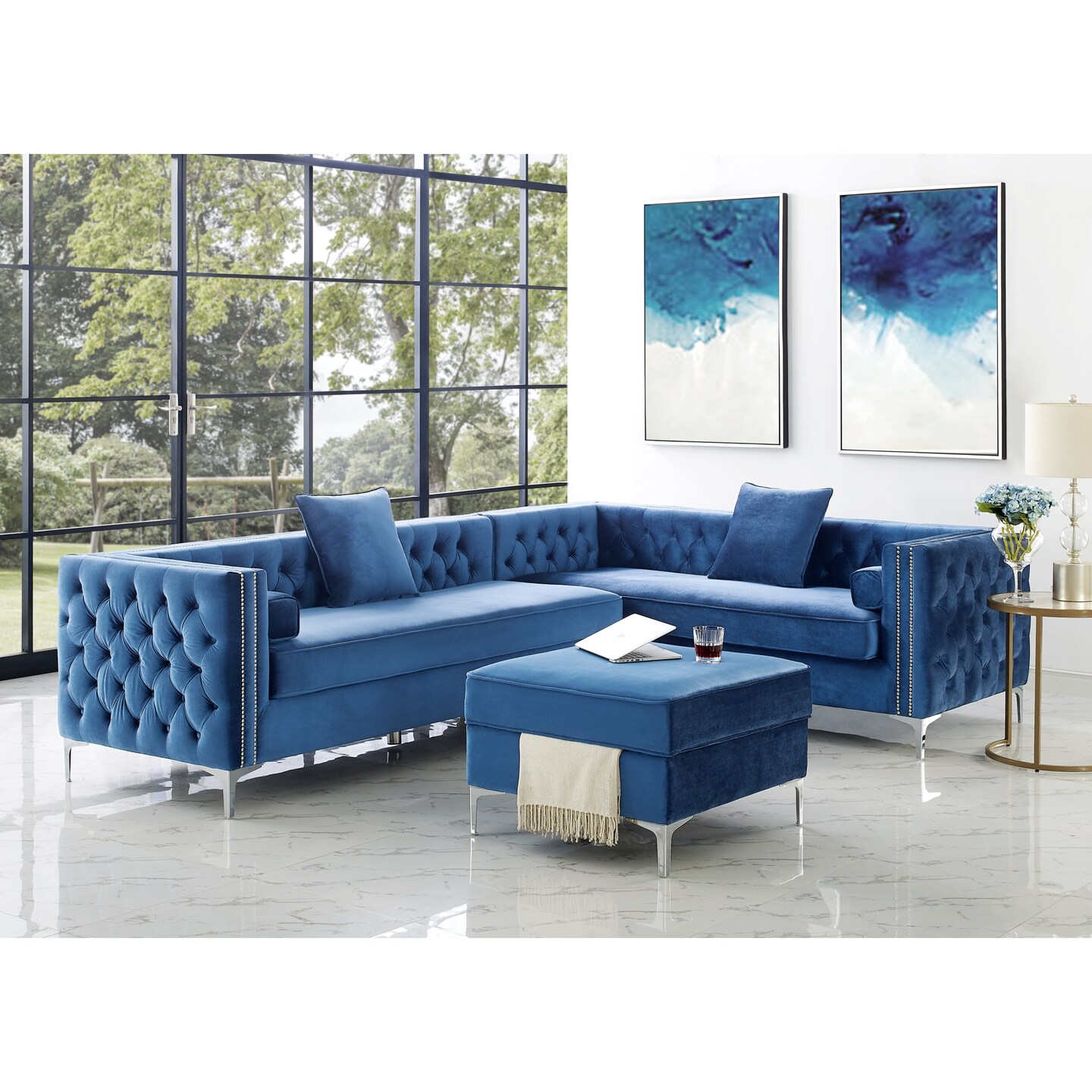 Olivia Velvet Metal Y-Leg Square Storage Ottoman