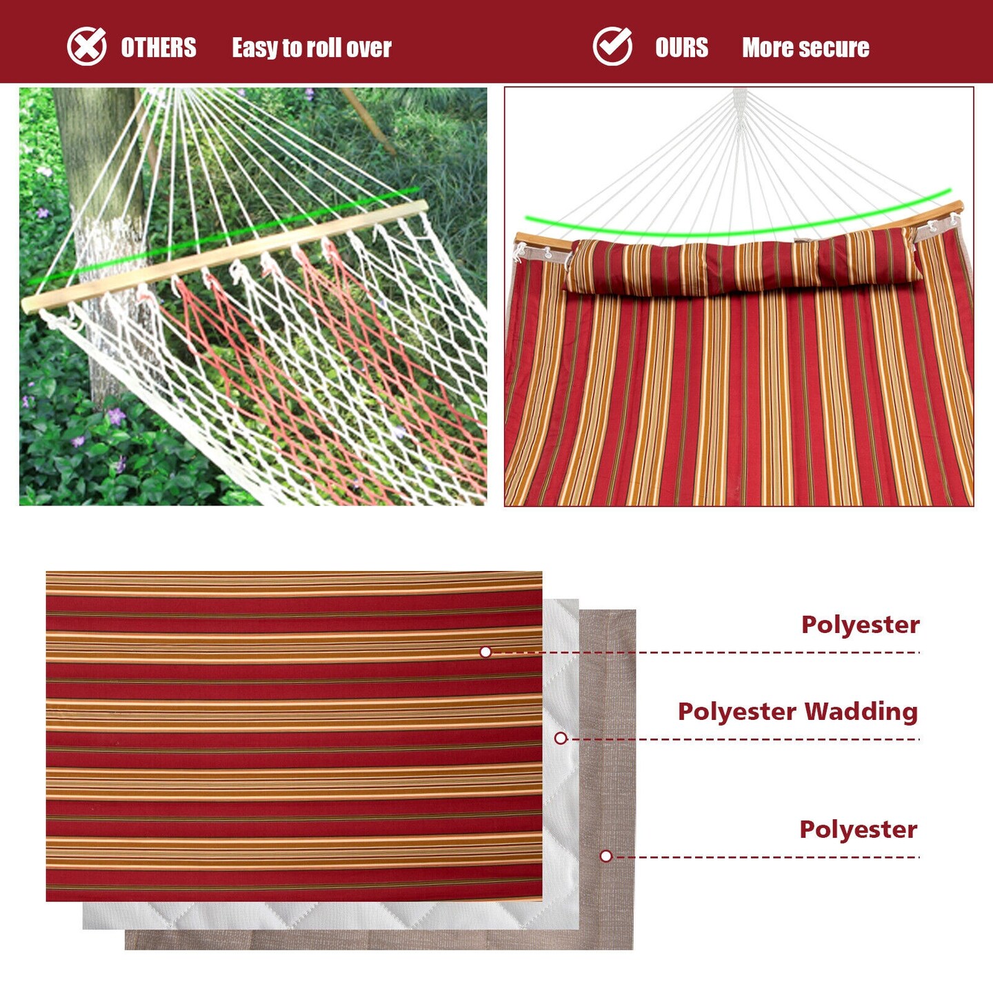 2-Person Outdoor Hammock with Pillow &#x2013; Polyester Fabric, Bamboo Spreader Bars