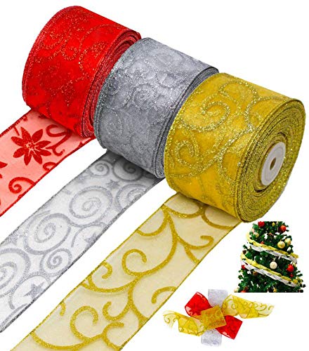 Christmas Ribbon,gold and Silver Xmas Organza Ribbons for Gift Wrapping  Christmas Tree Party Decoration Wrapping Ribbon Roll 