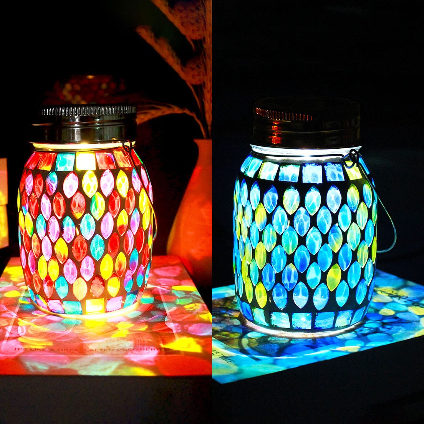 Mosaic Solar Lanterns Outdoor Hanging Lights, Solar Table Lamps &#x26; Cool Blue Color Mosaic Glass Lights, Outdoor Waterproof Solar Night Lights, Garden,Patio,Pathway &#x26; Yard D&#xE9;cor