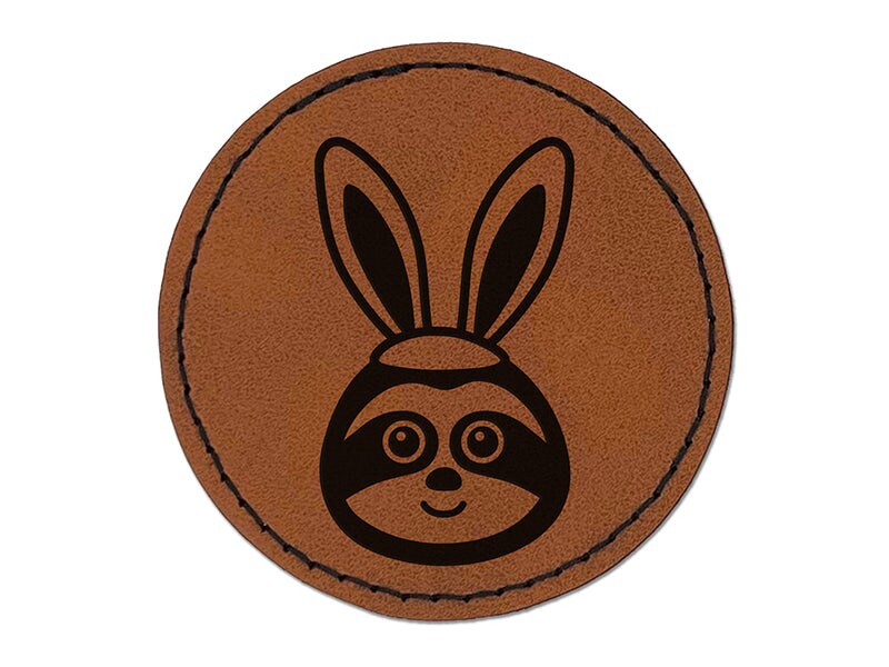 Easter Sloth with Bunny Ears Round Iron-On Engraved Faux Leather Patch Applique - 2.5&#x22;