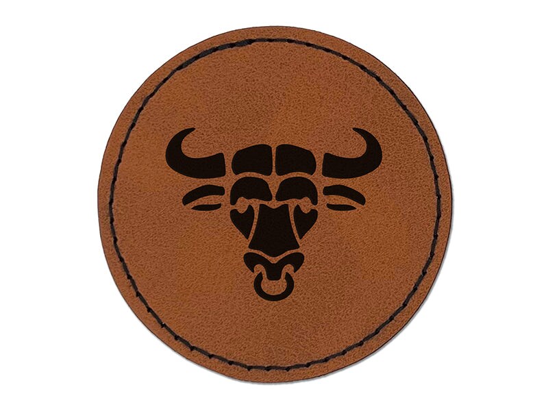 Water Buffalo Ox with Nose Ring Round Iron-On Engraved Faux Leather Patch Applique - 2.5&#x22;