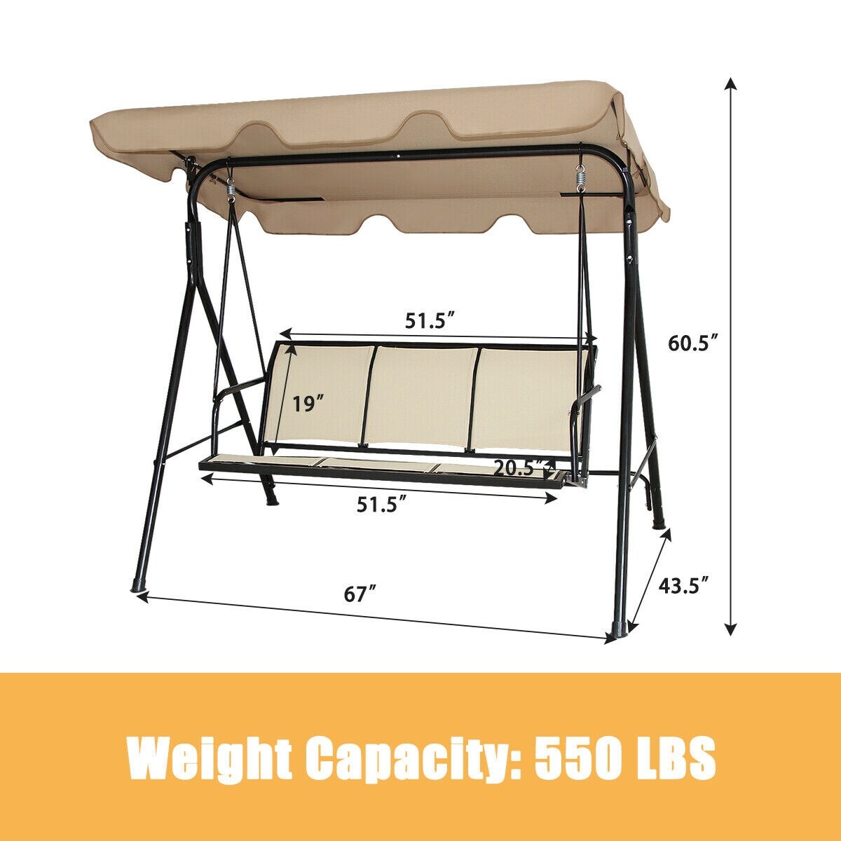 3 Person Patio Swing with Polyester Angle Adjustable Canopy