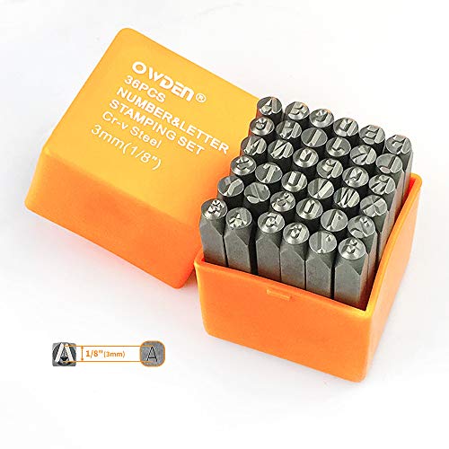 OWDEN Professional 36Pcs. Steel Metal Stamping Tool Set,(1/8&#x201D;) 3mm,Steel Number and Letter Punch Set,Alloy Steel Made HRC 58-62 for Jewelry Craft Stamping.