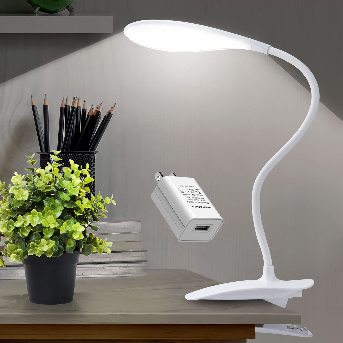 DWEPTU LED Desk Lamp Eye-Caring Clamp Light Clamp Lamps Reading Lights with USB Port, 360&#xB0;Flexible Gooseneck Bed Night Light (Include AC Power Plug)