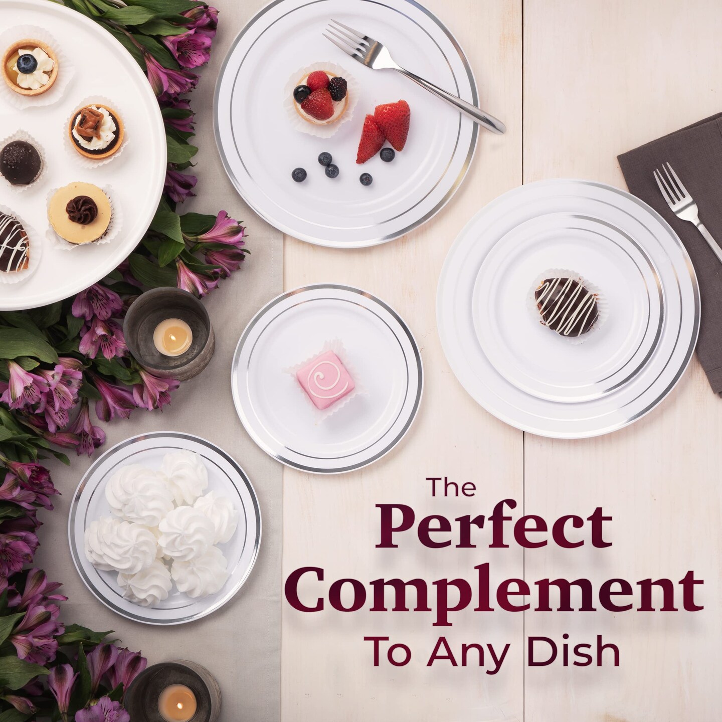 60 Silver Plastic Plates Disposable Heavy Duty Premium Plastic Plates, 30 Plastic Dinner Plates + 30 Dessert Appetizer Plates for Weddings, Fancy Disposable Plates for Party White Plastic Plates