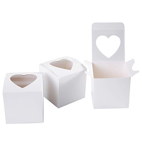 ONE MORE 3&#x22; Mini Single Favor White Cupcake Boxes with Heart Shape Window without Handle,Small Cupcake Box Carrier Individual Containers 3X3X3inch,Pack of 25