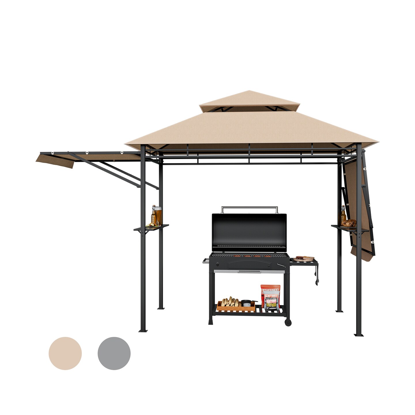 Beige BBQ Grill Gazebo Outdoor Canopy 13.5' x 4' Dual Side Awnings Steel Frame