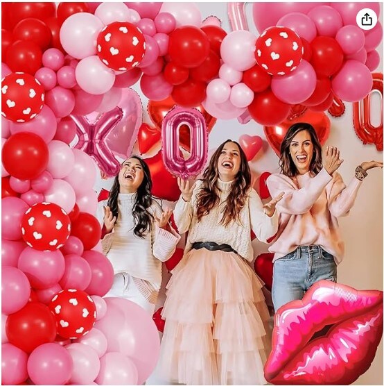 155 Pink Red Valentines Party Decorations &#x26; 4 Letter Balloon Boxes XOXO LOVE Lips Heart for Ladies