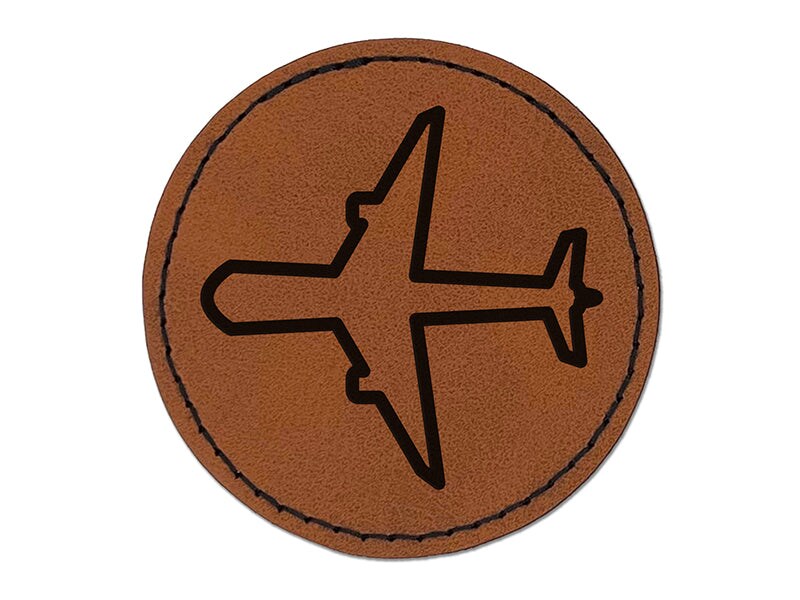 Airplane Outline Round Iron-On Engraved Faux Leather Patch Applique - 2.5&#x22;