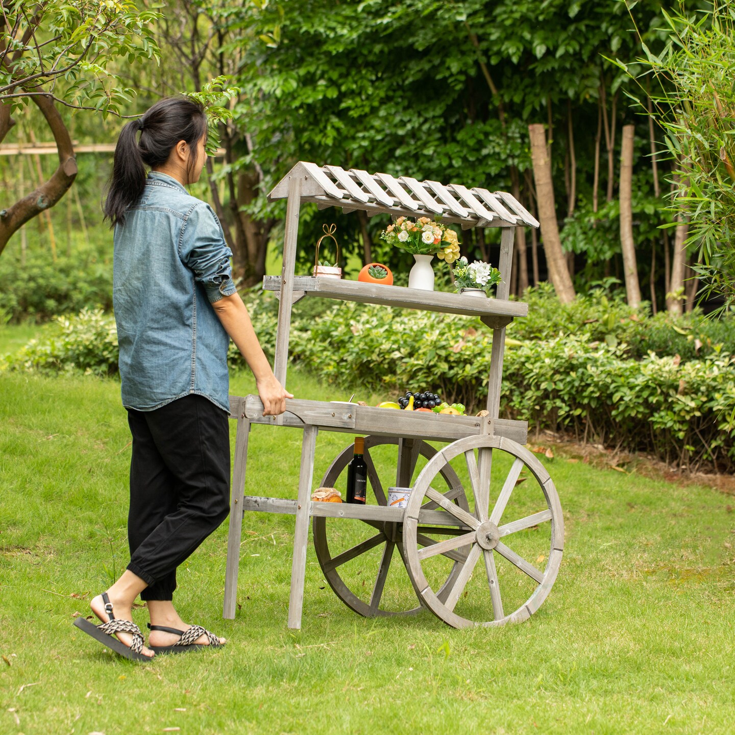 Antique Rustic Solid Wood decor Display Rack Cart Wood Plant Stand 3 Tier with Wheels for Display, Wood Wagon with Shelves for Plants and More