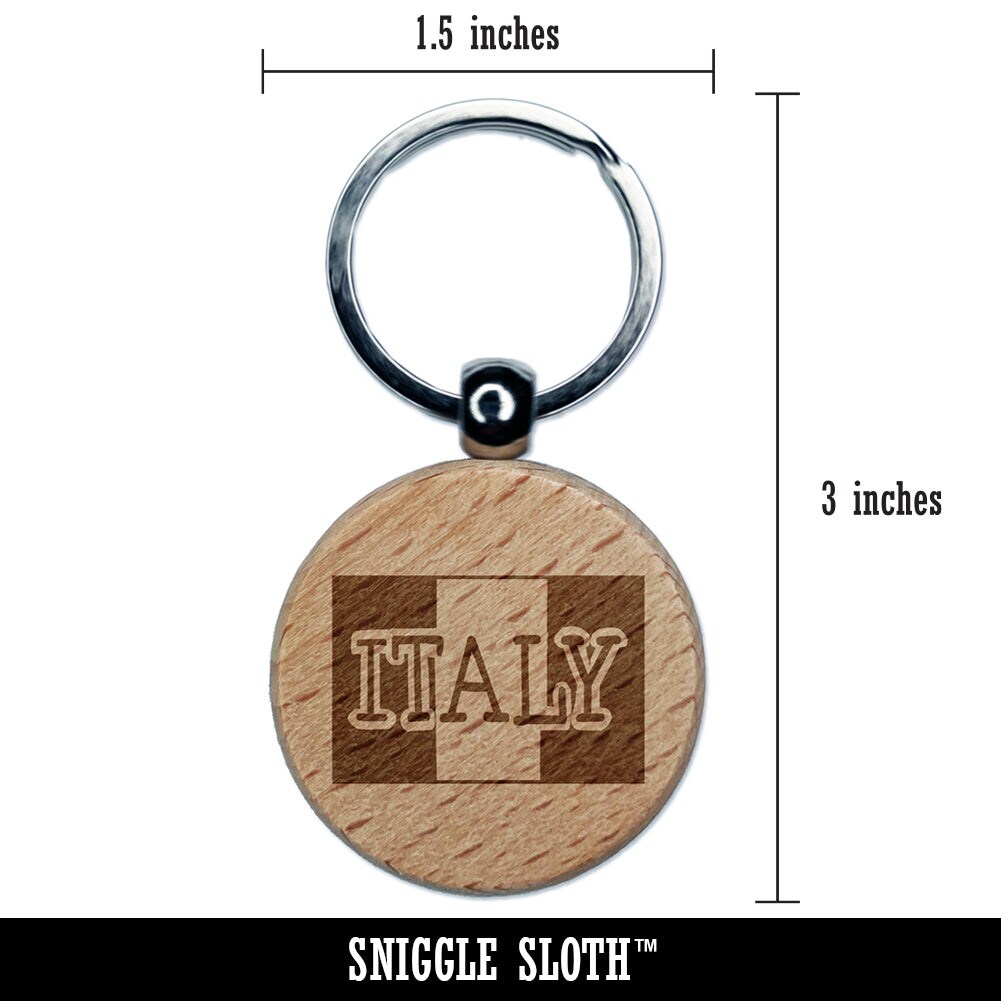 Italy Flag Text Engraved Wood Round Keychain Tag Charm