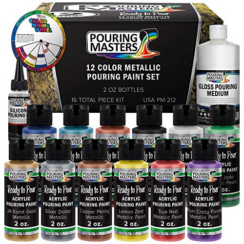 U.S. Art Supply Pouring Masters 12 Color Metallic Ready to Pour Acrylic Pouring Paint Set - Premium Pre-Mixed High Flow 2-Ounce Bottles - for Canvas, Wood, Paper, Crafts, Tile, Rocks and More