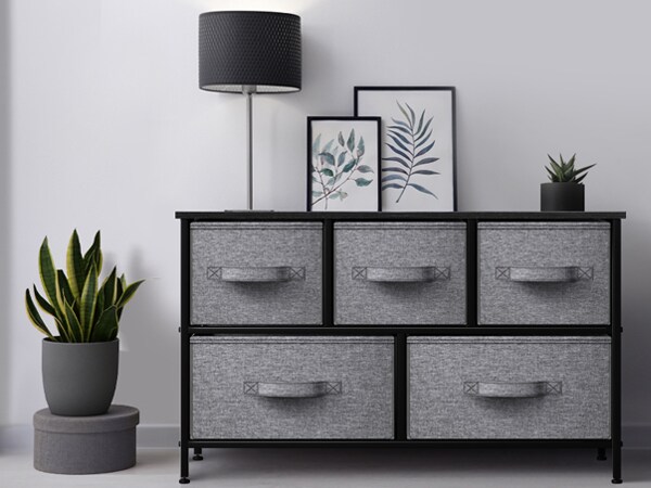 Sorbus Dresser with 5 Drawers - Storage Chest Organizer Unit with Steel Frame, Wood Top, Easy Pull Fabric Bins - Long Wide TV Stand for Bedroom Furniture, Hallway, Closet & Office Organization
