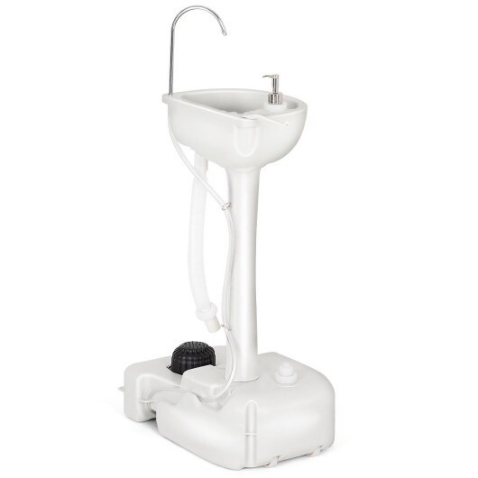 Portable Camping Sink with Foot Pump 19L Water Tank 3L Soap Dispenser Wheels