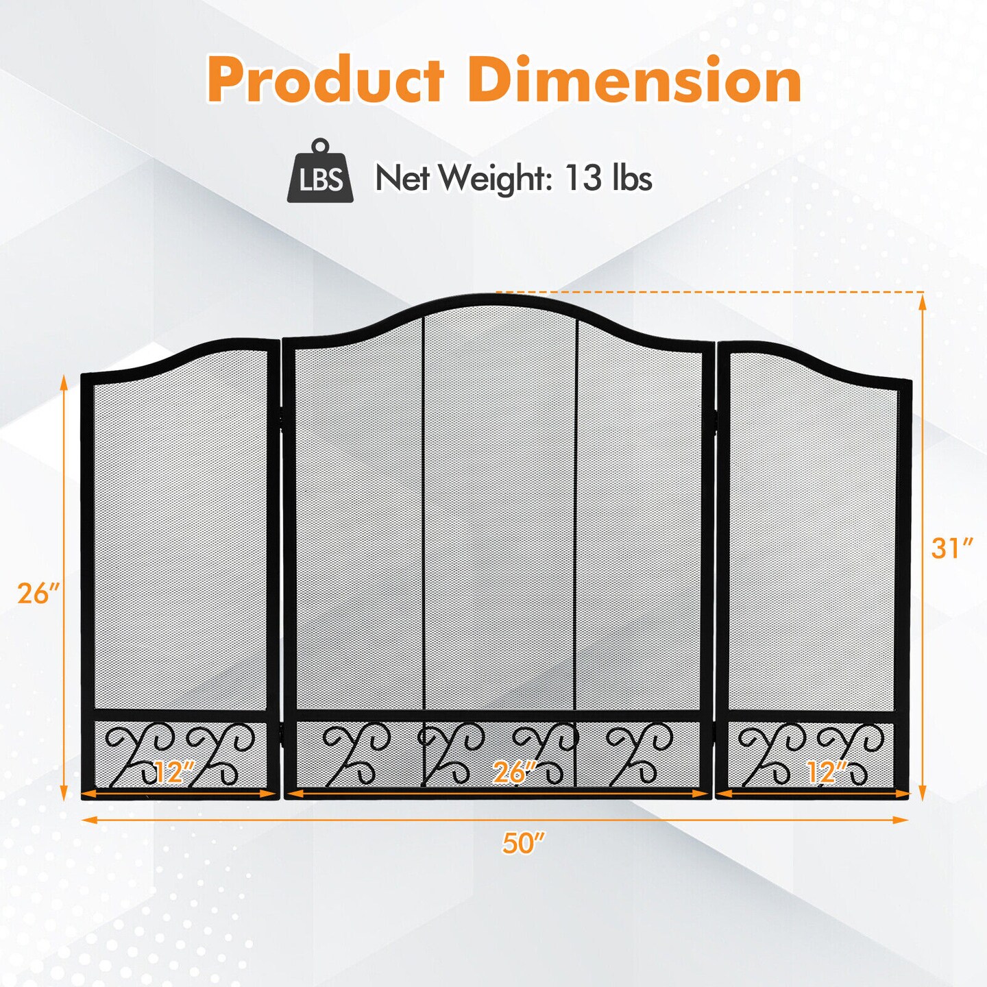 3-Panel Black Steel Fireplace Screen Decorative Spark Guard