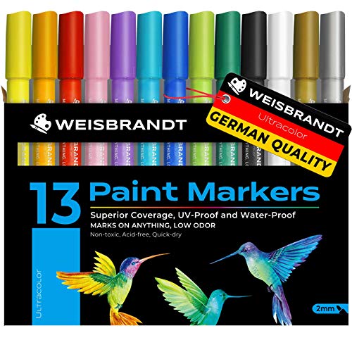 WEISBRANDT Acrylic Markers Pens for Rock Painting, Paper, Plastic, Ceramic, Glass, Wood, Metal, Scrapbooking Craft, Card Making, Canvas. Water-Based, Non-Toxic, Quick Dry, Medium Tip, 13 Colors