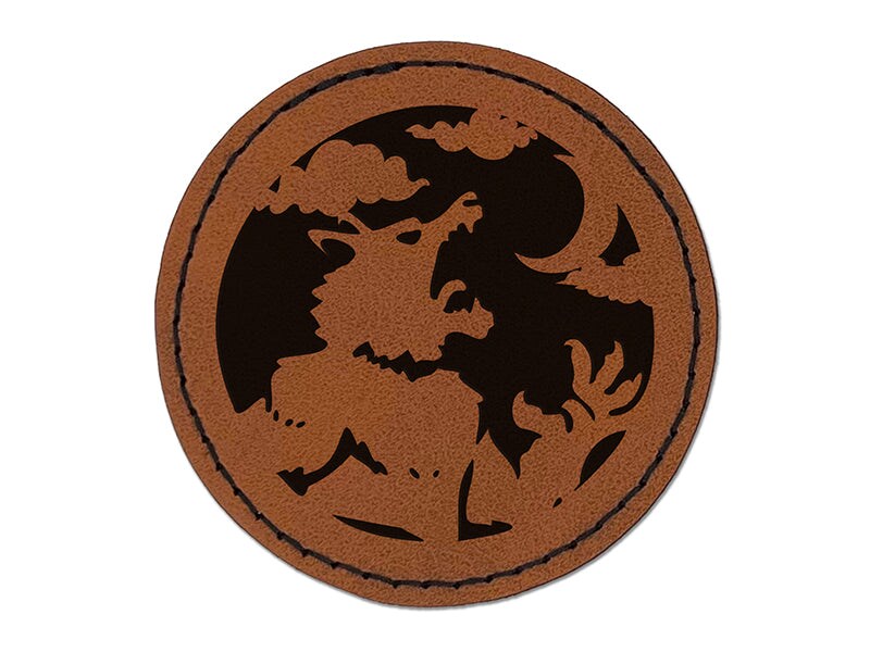 Werewolf Monster Howling at Moon Halloween Round Iron-On Engraved Faux Leather Patch Applique - 2.5&#x22;