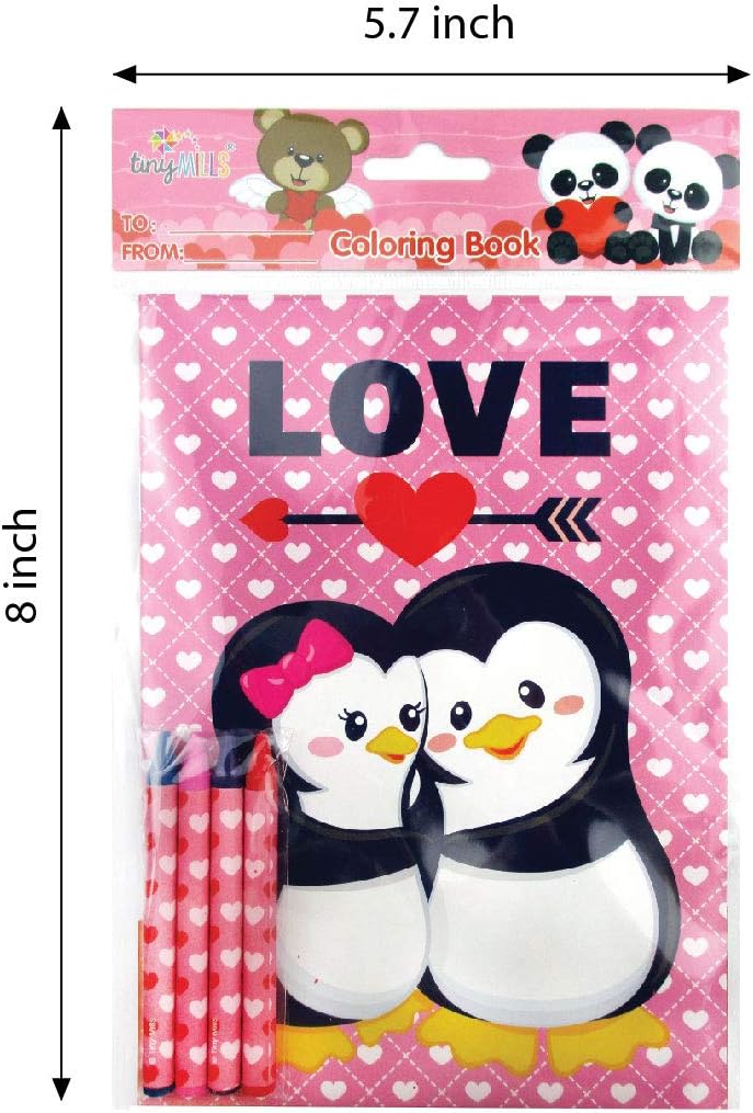 TINYMILLS Valentine's Day Coloring Book and Crayon Set for Kids Party Favors with 12 Coloring Books and 48 Crayons for Valentine's Day Party