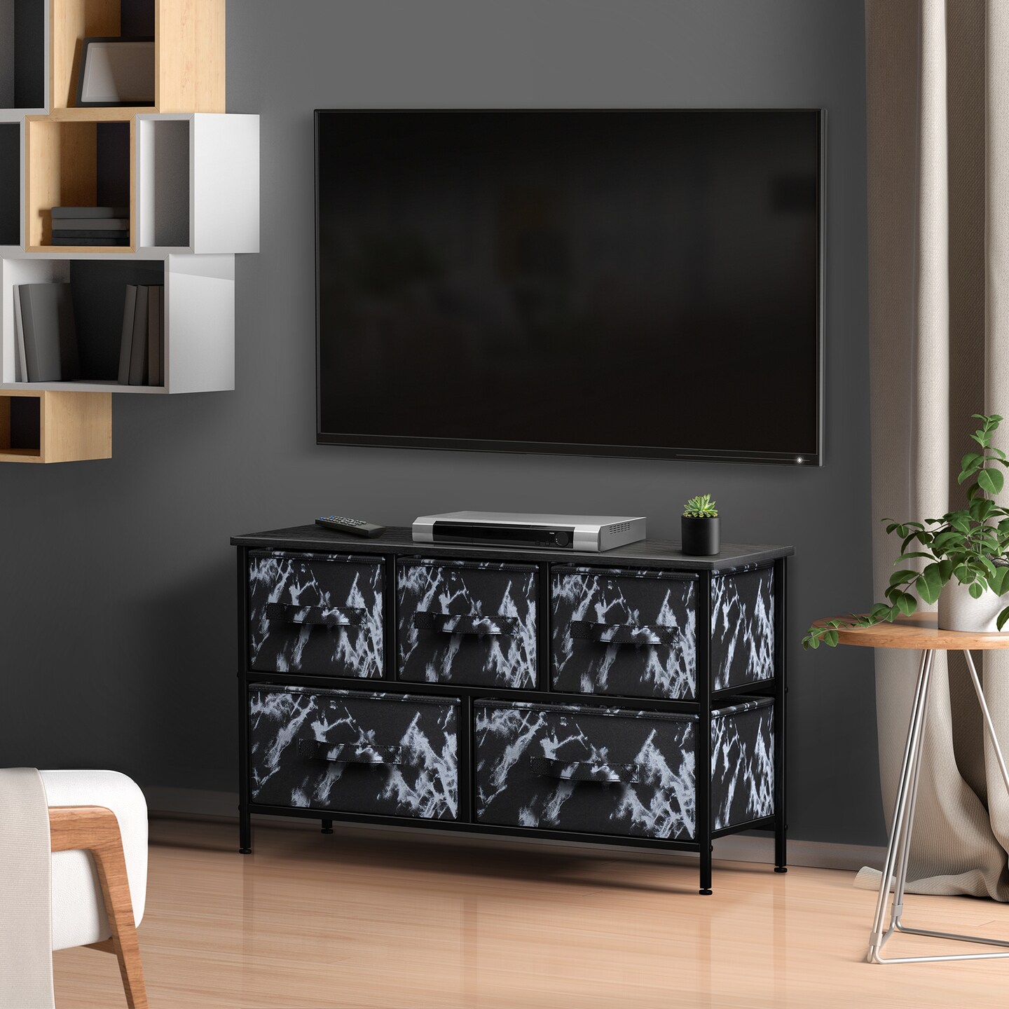 Sorbus Dresser with 5 Drawers - Storage Chest Organizer Unit with Steel Frame, Wood Top, Easy Pull Fabric Bins - Long Wide TV Stand for Bedroom Furniture, Hallway, Closet & Office Organization