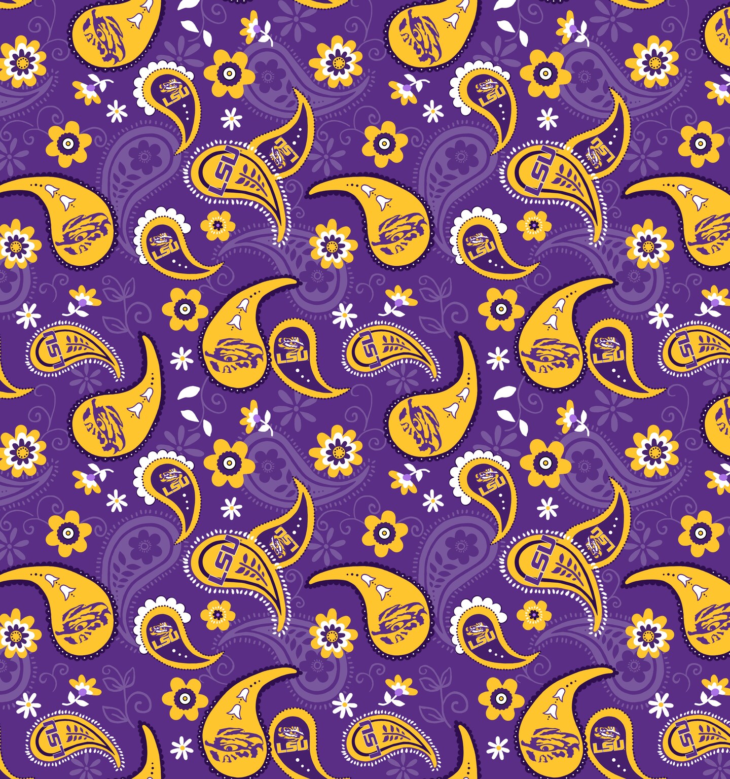 Sykel Enterprises-Louisiana State University Cotton Fabric-LSU Tigers Paisley Cotton Quilting Fabric