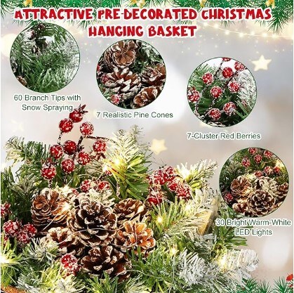 2 Pack Pre Lit Artificial Christmas Hanging Basket Christmas Tree Basket with Frosted Pine Cones and Branches, White Berry Clusters, and 2 Pieces White LED String Lights for Patio or Porch