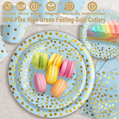 350 Pieces Blue and Gold Party Decorations 50 Guests Blue Paper Plates Plastic Forks Knives Spoons &#x26; Golden Dot Blue Party Plates Napkins Cups for 2023 Graduation Decorations Baby Shower Boy Birthday