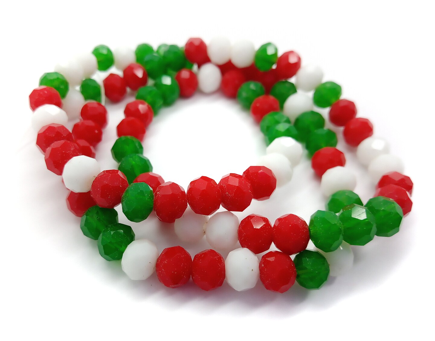 Small Glass Beads in Christmas Colors, 6mm Rondelles in Red White & Green, 85 pcs, Adorabilities