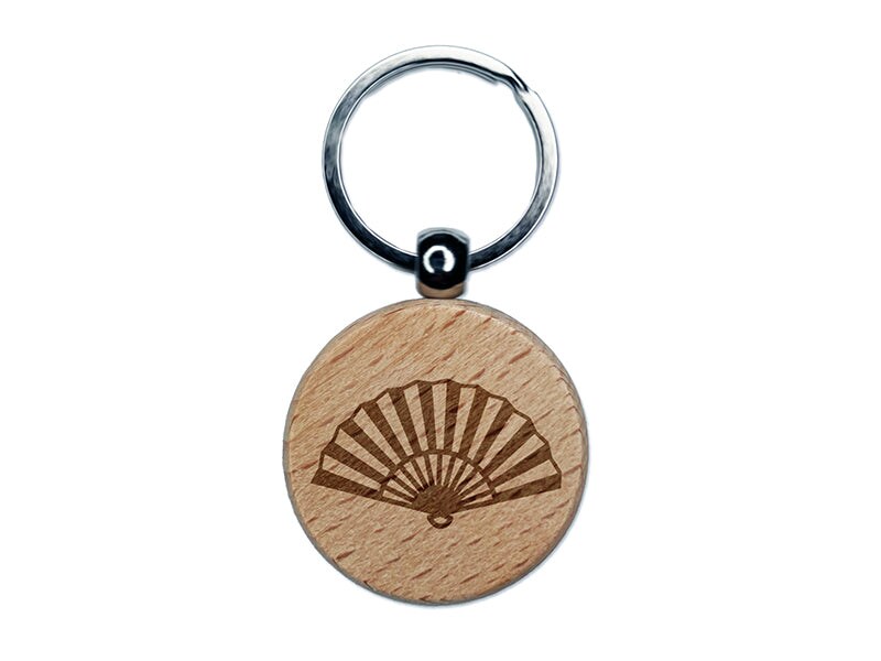 Japanese Fan Engraved Wood Round Keychain Tag Charm