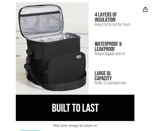 8 Liter Insulated Cold and Hot Durable Leakproof Lightweight Bag, Cooler Tote for Food Drinks Large Lunch Box Work School Picnic Men Women, Kids Coolers Ice Pack Girls Boys Lunches Black