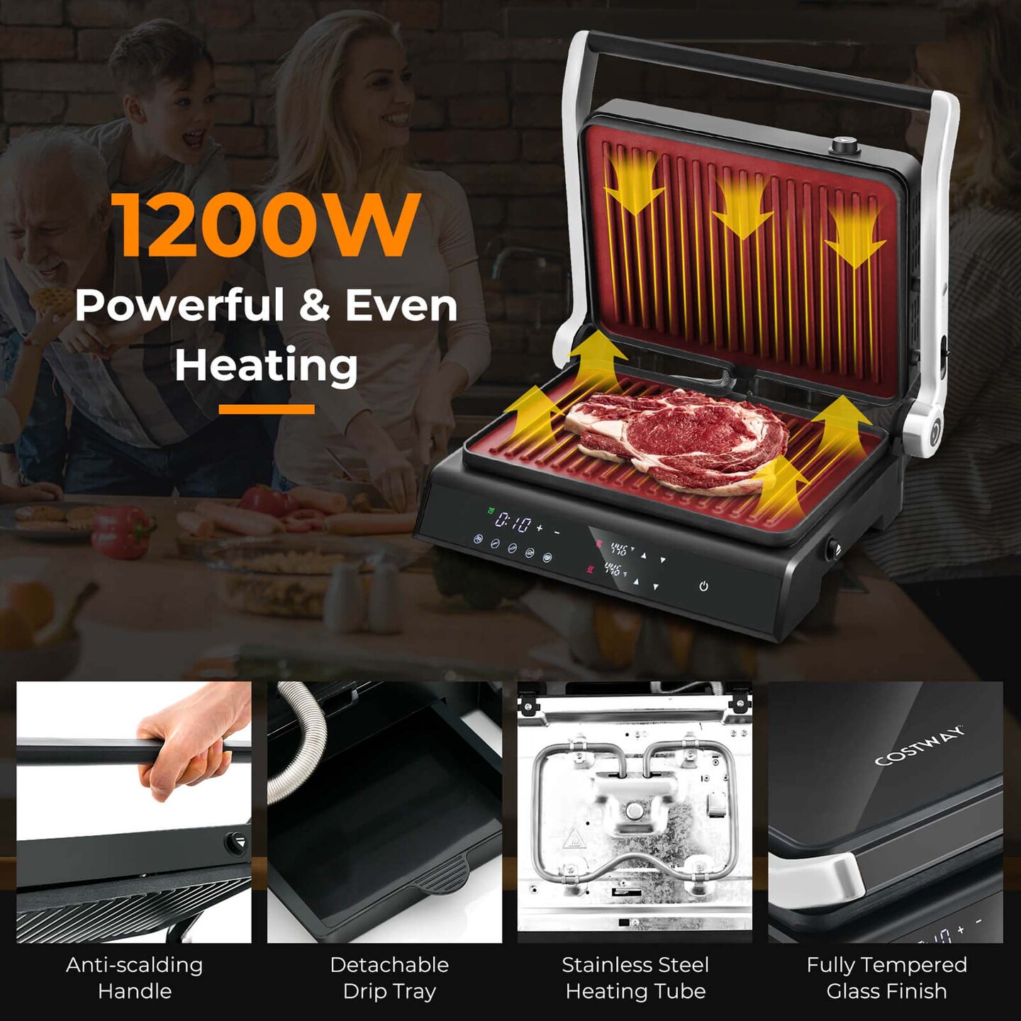 Costway Electric Panini Press Grill Sandwich Maker with LED Display&#xA0;&#x26; Removable Drip Tray