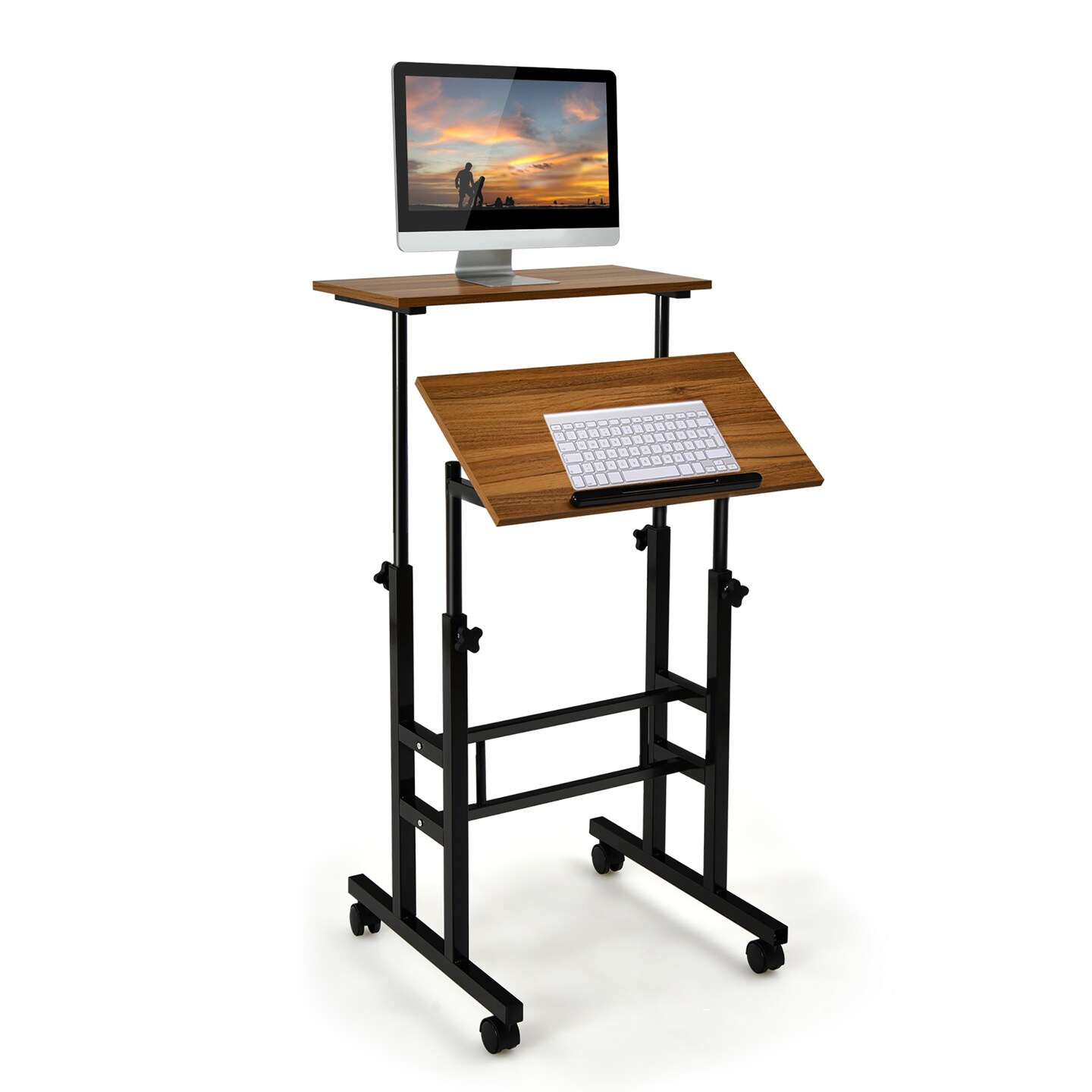 Costway Mobile Standing Desk Rolling Adjustable Laptop Cart Home Office Walnut\Natural