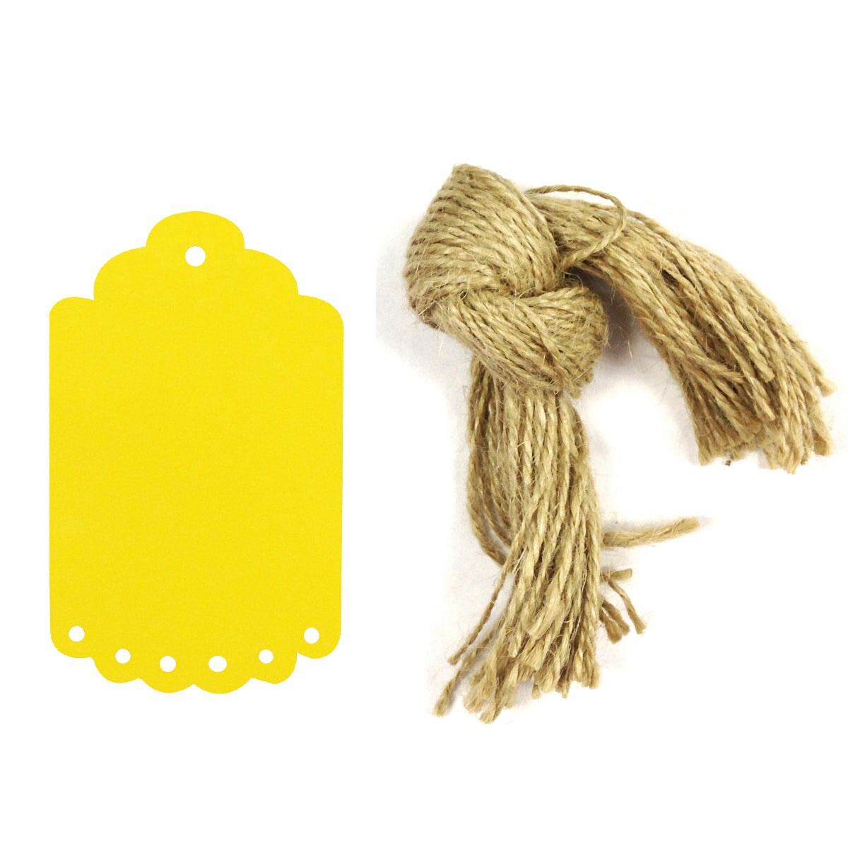Wrapables 50 Gift Tags/Kraft Hang Tags with Free Cut Strings for Gifts, Crafts &#x26; Price Tags, Small Scalloped Edge, Yellow