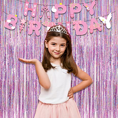 2 Packs Pink Tinsel Curtain Party Backdrop - Foil Fringe Curtain Lilac Pink Party Streamers for Birthdays Girl Princess Bachelorette Euphoria Theme Party Decorations