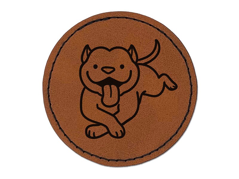 Pit Bull Happy Laying Down Dog Round Iron-On Engraved Faux Leather Patch Applique - 2.5&#x22;