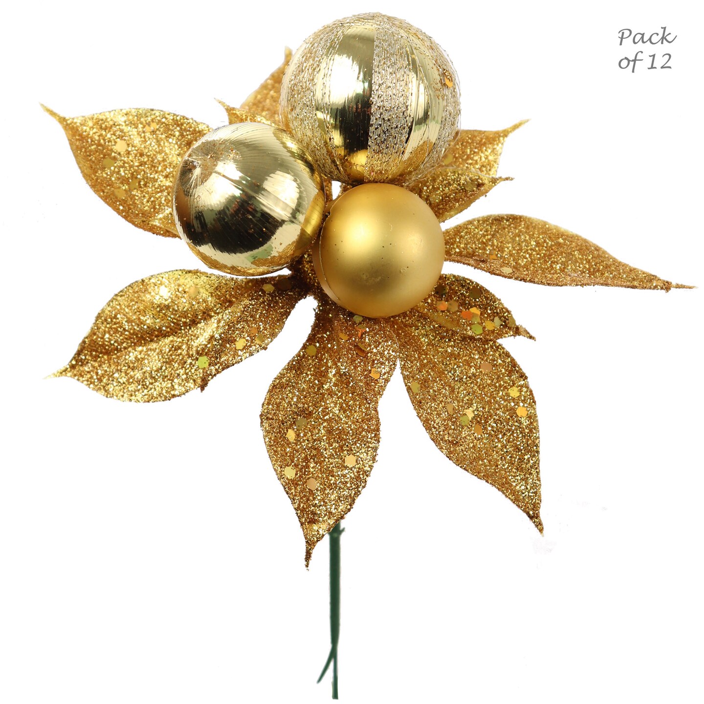 Set of 12: Sparkling Gold Glitter Poinsettia Picks with 3 Ornament Balls | Festive Accents | Christmas Picks | Party &#x26; Event | Home &#x26; Office Decor
