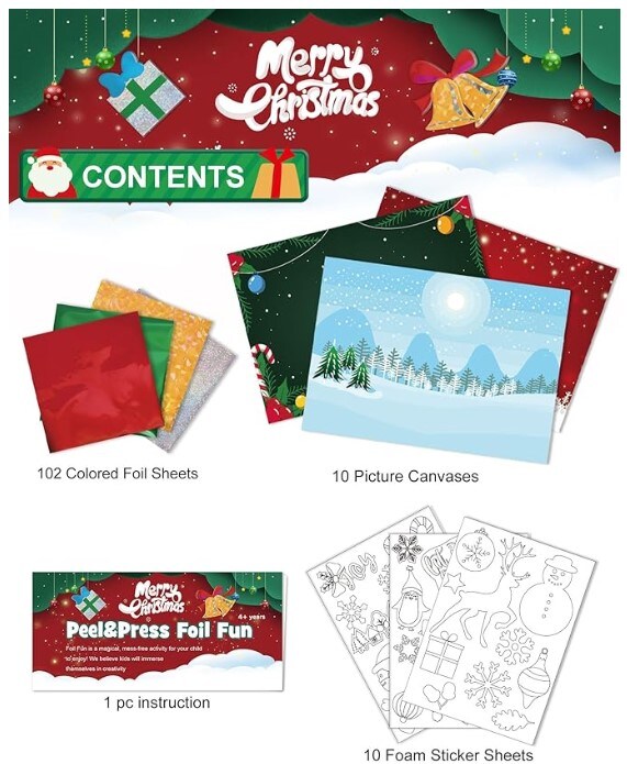 Christmas Craft for Children,Christmas Foil Fun Art Kit for Children Ages 4 to 8,Christmas No Mess DIY Artistic Activity