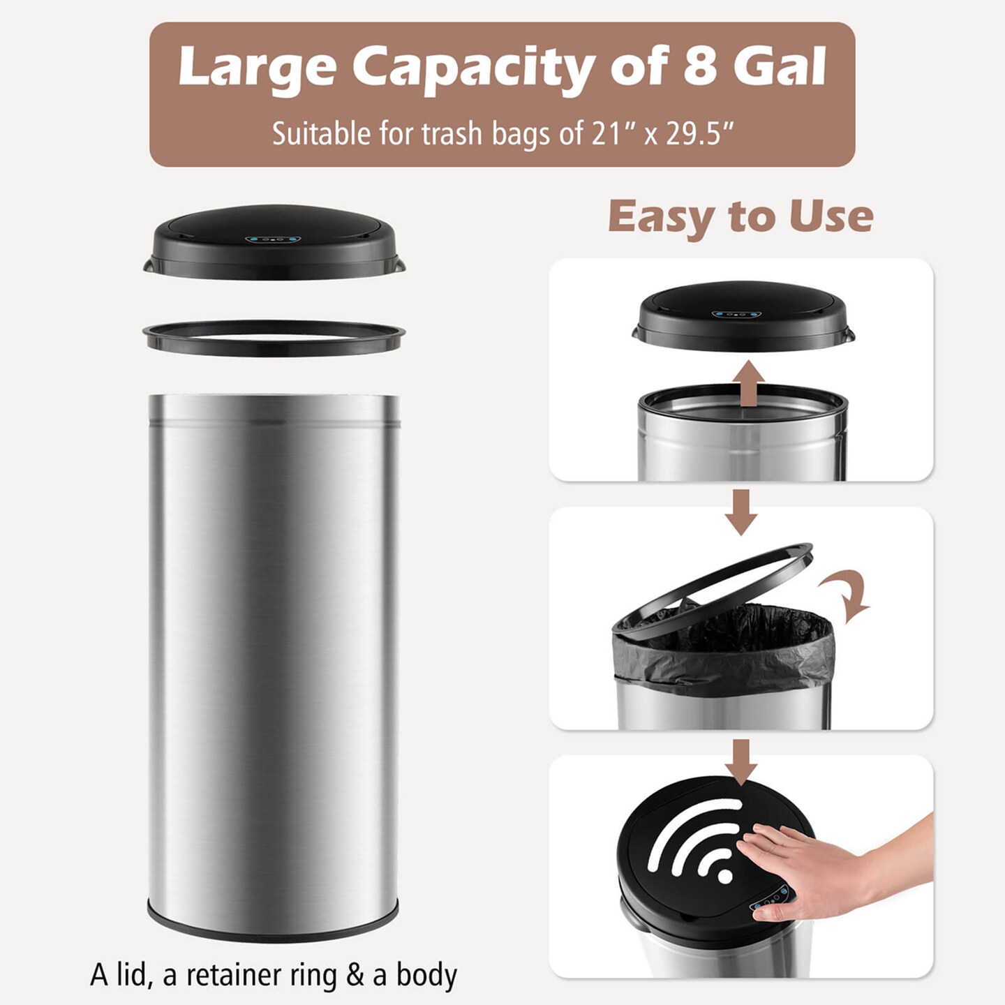 Costway 8 Gallon Automatic Trash Can Touchless Motion Sensor Waste Bin Battery Operated