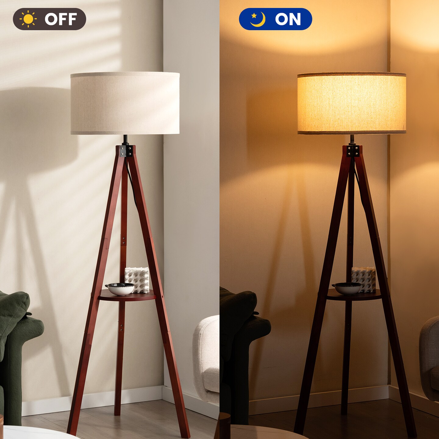Brown Rubber Wood Linen Tripod Floor Lamp with Shelf and E26 Socket for Living Room and Bedroom