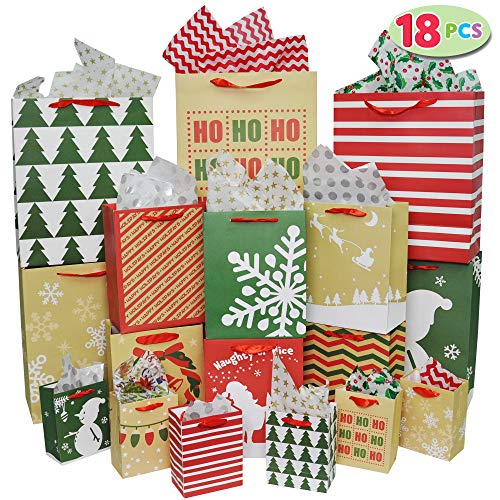 JOYIN 18 PCS Christmas Premium Holiday Gift Bags Assorted Sizes Creamy Kraft Style Prints (Small 5.5&#x201D; Medium 9&#x201D; Large 13&#x201D;) for Xmas Party Favors Decoration, Holiday Present Wrap D&#xE9;cor