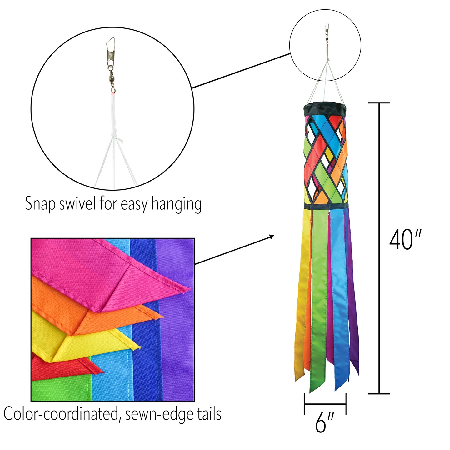 In the Breeze 5209 — Fiesta Diagonal Weave 40-inch Windsock — Colorful Lattice Windsock with Color-Coordinated Tails