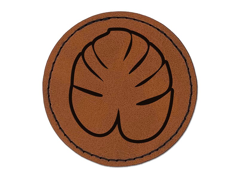 Palm Leaf Tropical Outline Round Iron-On Engraved Faux Leather Patch Applique - 2.5"