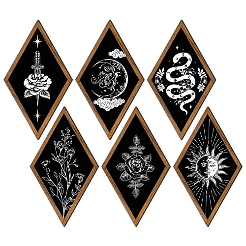 6 Pieces Boho Wall Decor Sun Moon Phases Wall Art Gothic Minimalist Stars Sun Wall Hanging Boho Wooden Home Decor Farmhouse Wall Pediments for Gallery Living Bedroom Room (Rhombus)