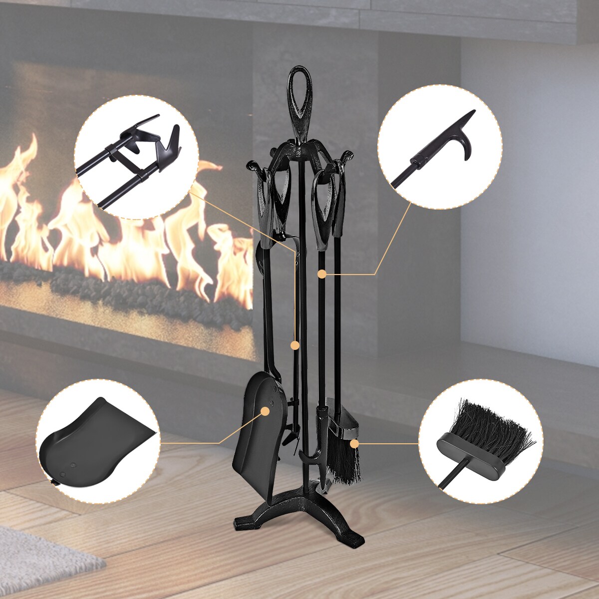 5 Pieces Rustic Heavy Duty Compact Wrought Iron Fireplace Tools Set