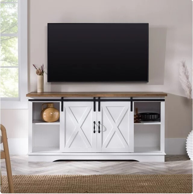 White/Reclaimed Barnwood Farmhouse Sliding Barn Door TV Stand for TVs up to 65&#x22;
